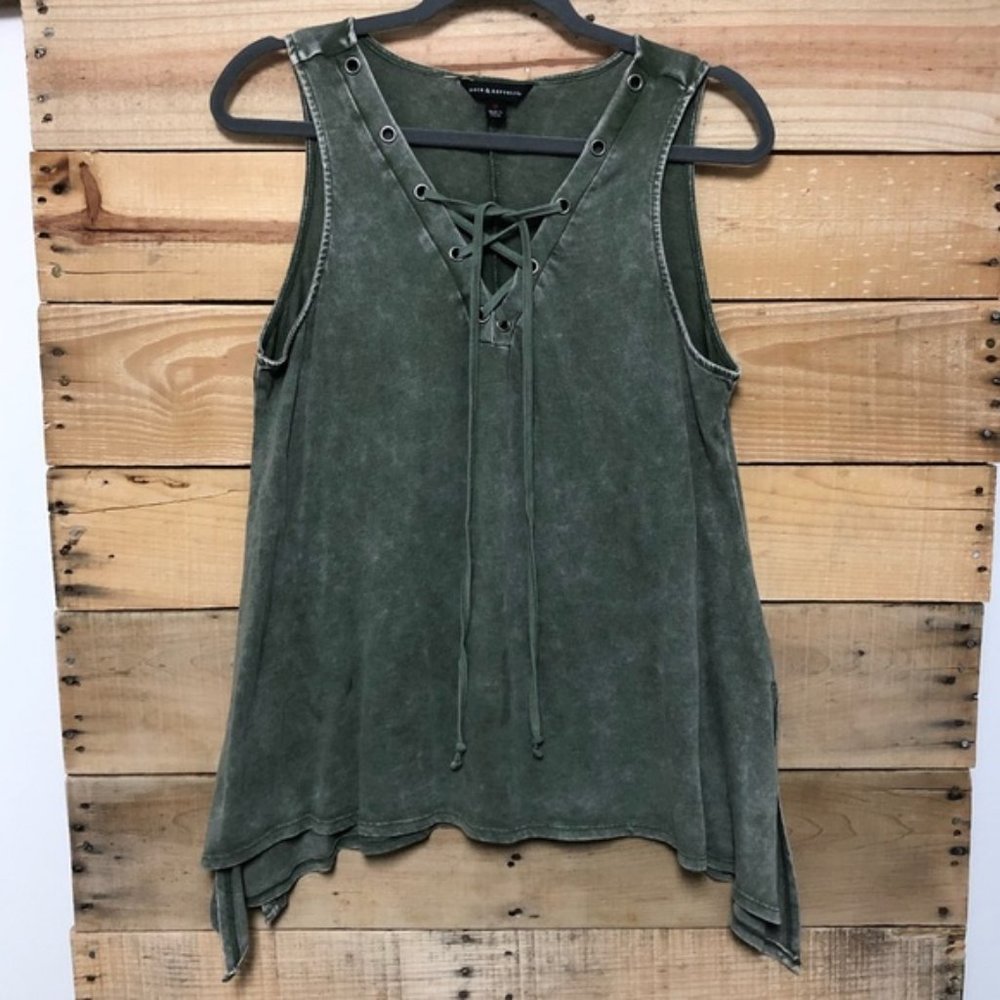 Rock & Republic olive green distressed lace up top